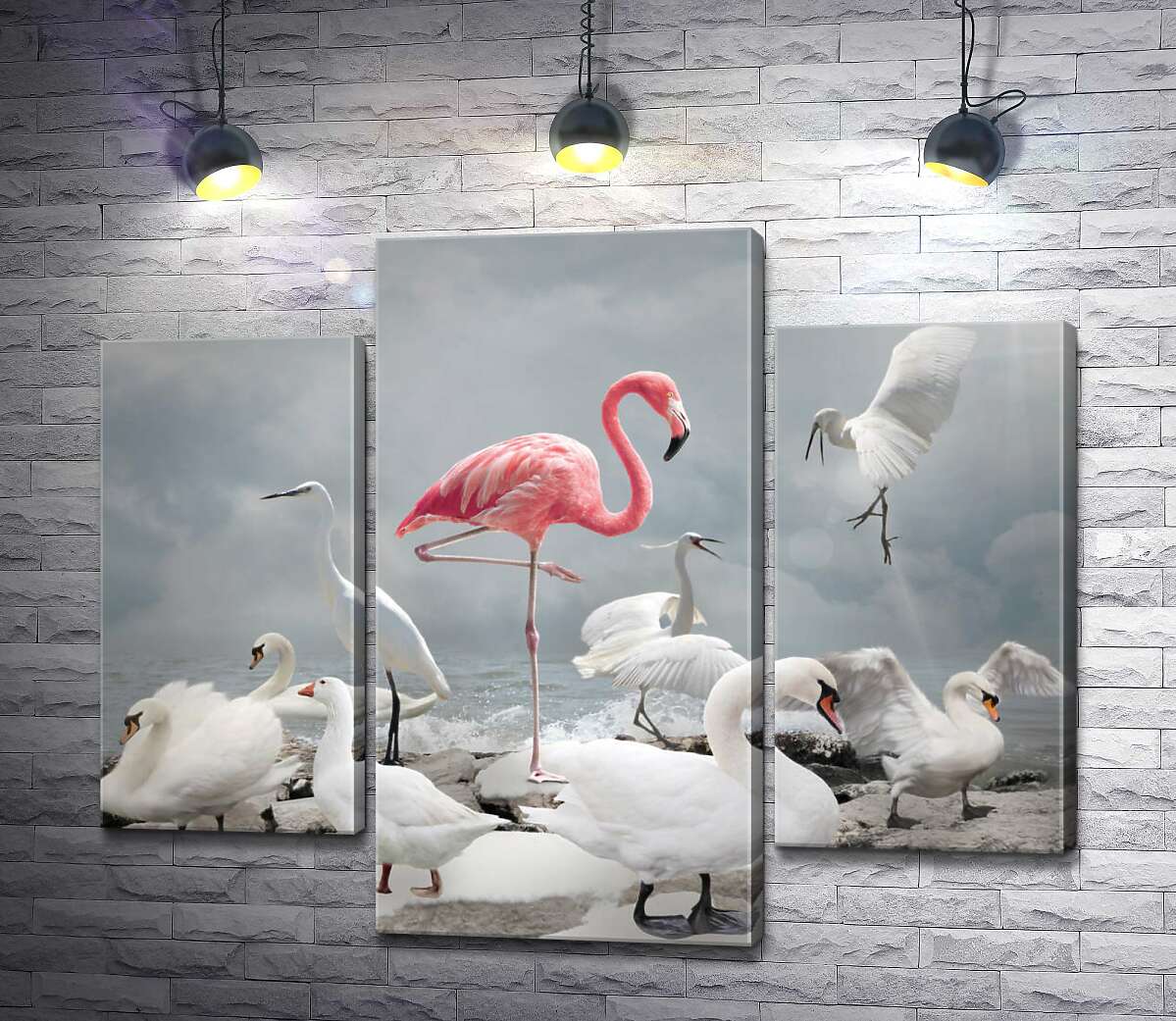 модульна картина Рожевий фламінго серед білосніжний лебедів, чапель та гусей (Модуль №10)