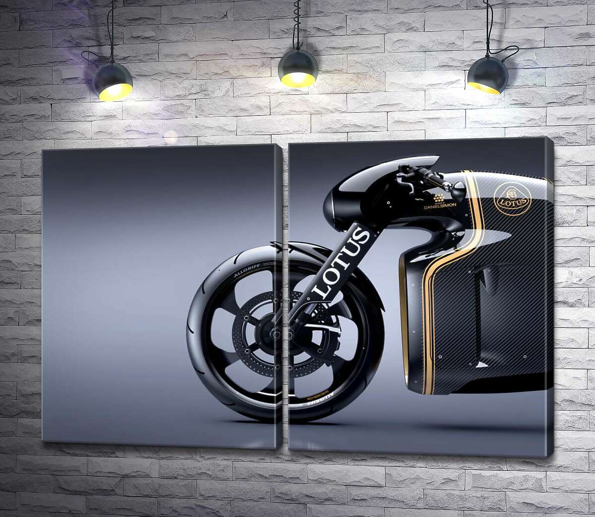модульная картина Блеск изгибов передней части быстрого мотоцикла Lotus C-01