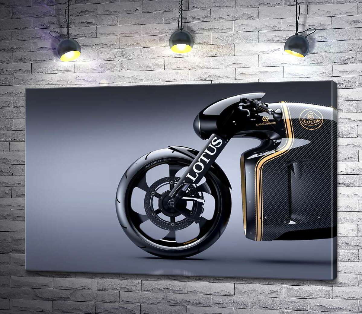 картина Блеск изгибов передней части быстрого мотоцикла Lotus C-01