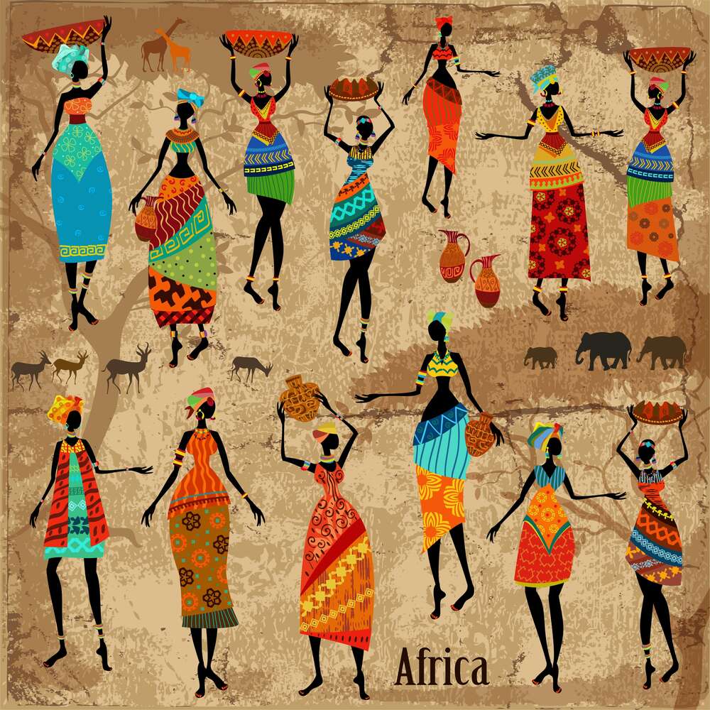 картина-постер Разнообразие традиционной одежды на силуэтах африканских женщин