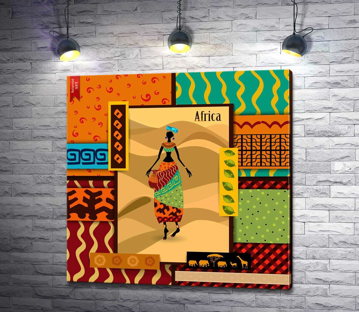 картина Красочная рамка из орнаментов окружает портрет африканки