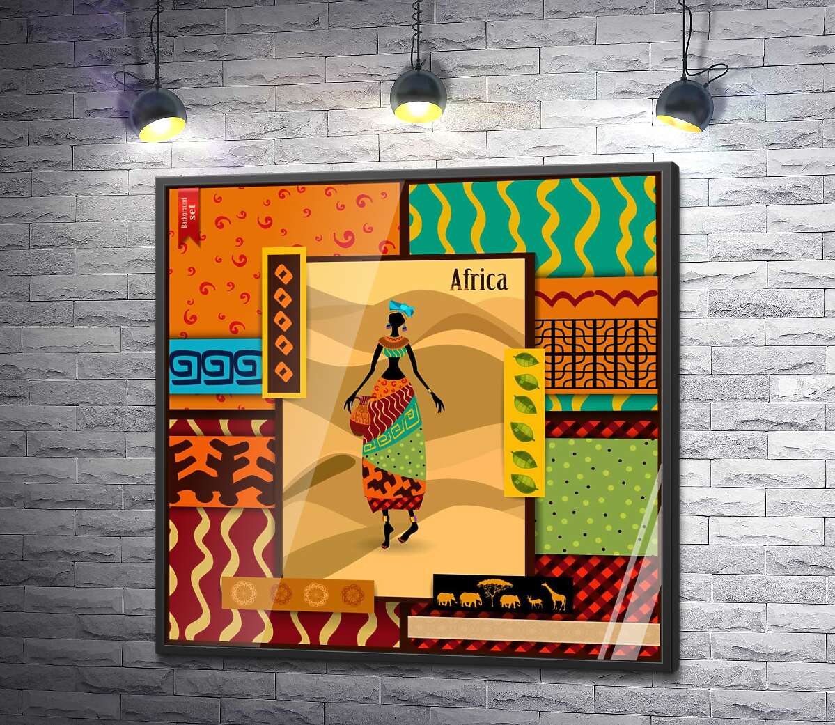 постер Красочная рамка из орнаментов окружает портрет африканки