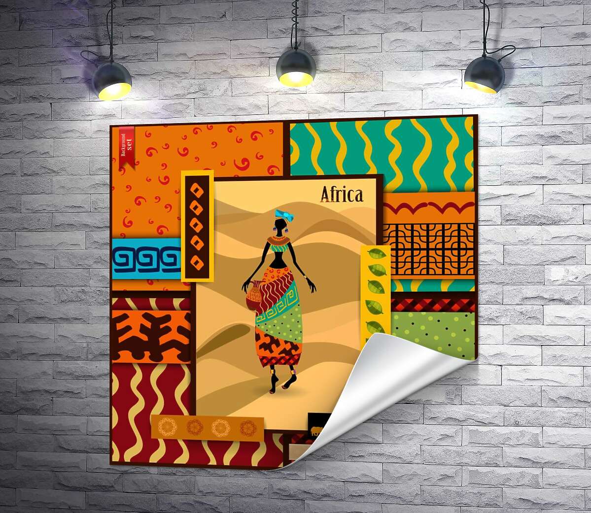 печать Красочная рамка из орнаментов окружает портрет африканки
