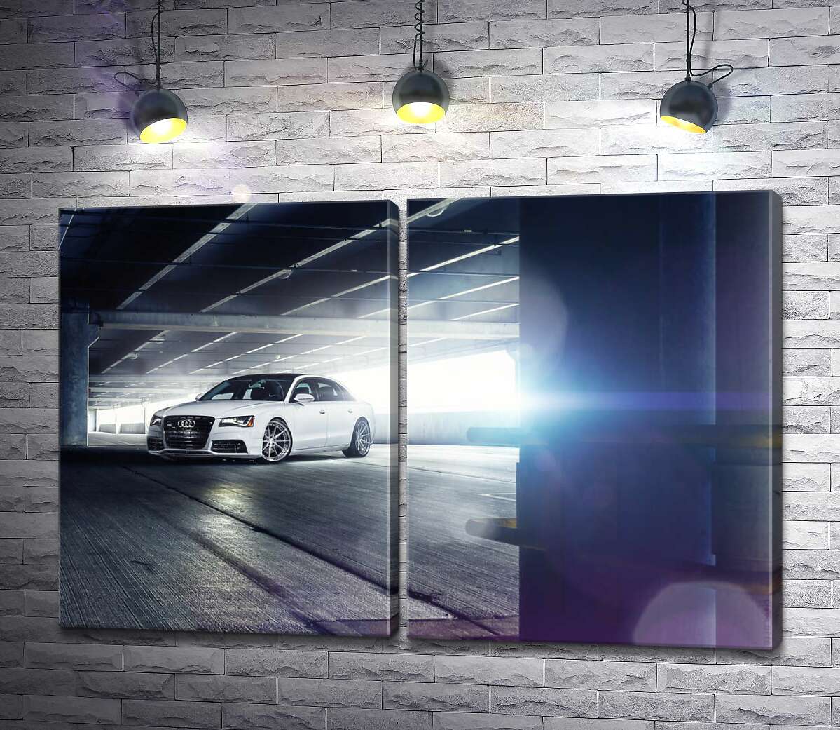модульная картина Белый автомобиль Audi A8 стоит посреди парковки