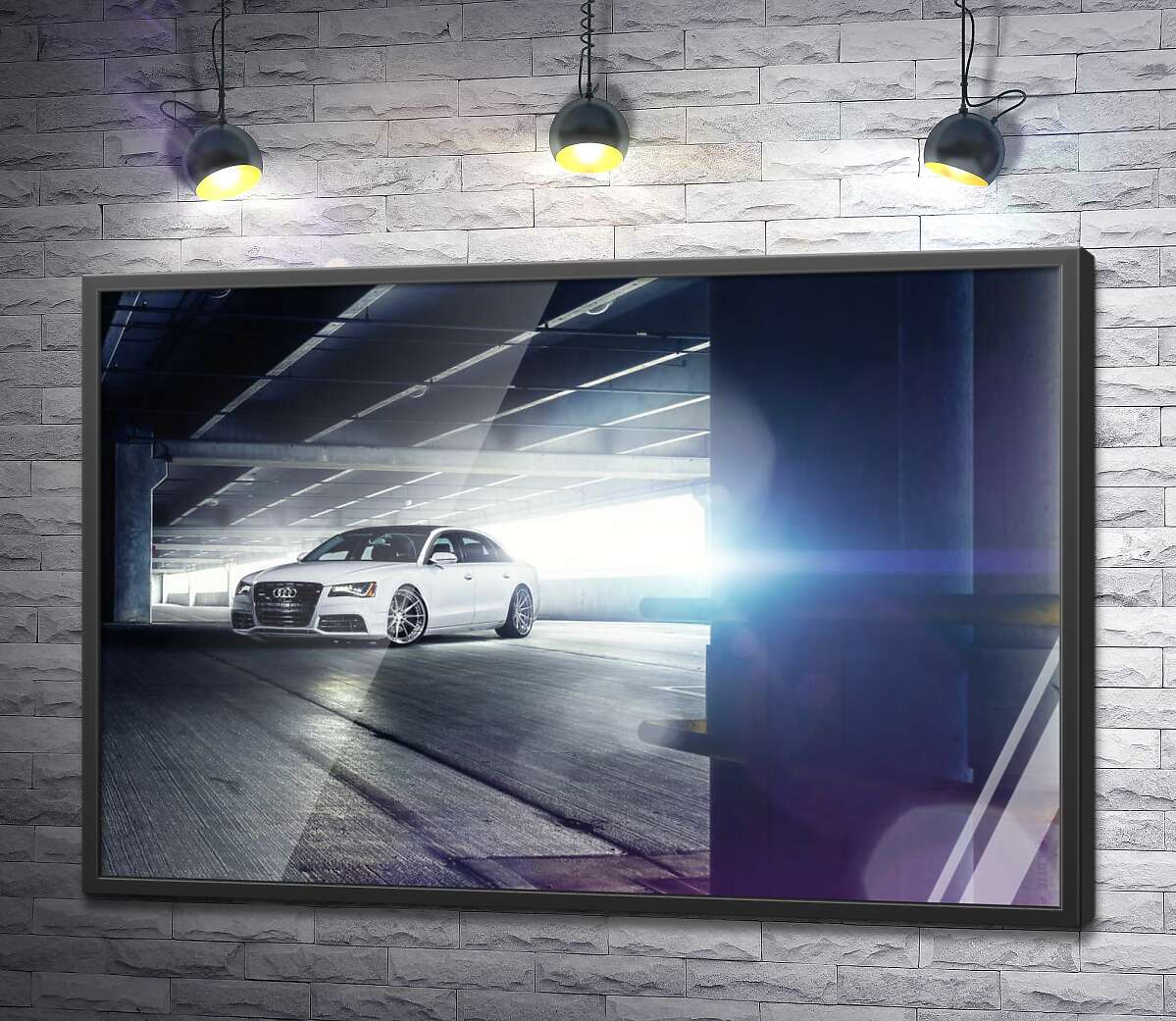 постер Белый автомобиль Audi A8 стоит посреди парковки