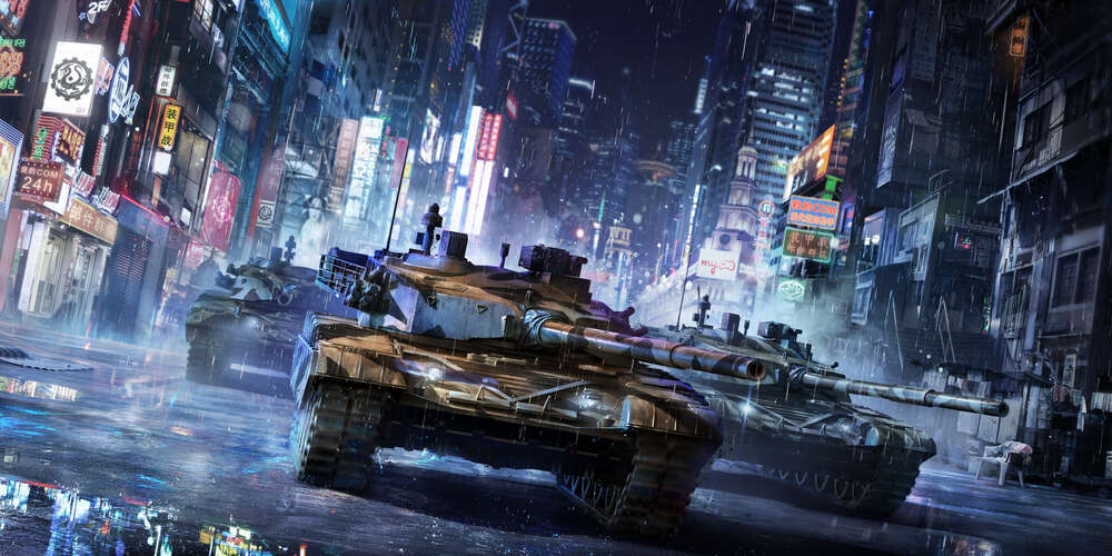 картина-постер Грозные танки едут по улицам мегаполиса
