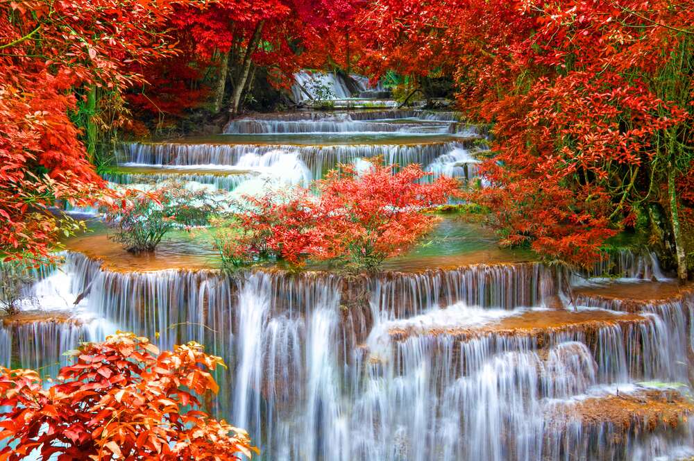 картина-постер Осенние деревья оранжевым венком окружили водопад