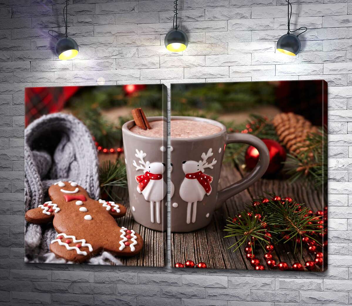 модульная картина Веселые олени на чашке какао рядом с пряничным человечком