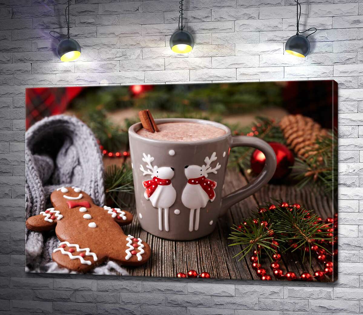 картина Веселые олени на чашке какао рядом с пряничным человечком