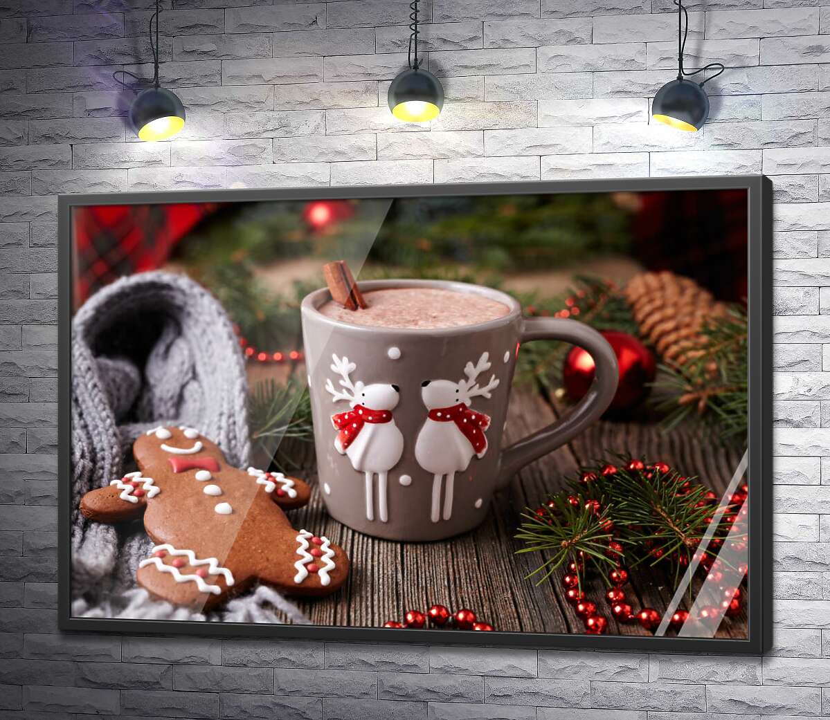 постер Веселые олени на чашке какао рядом с пряничным человечком