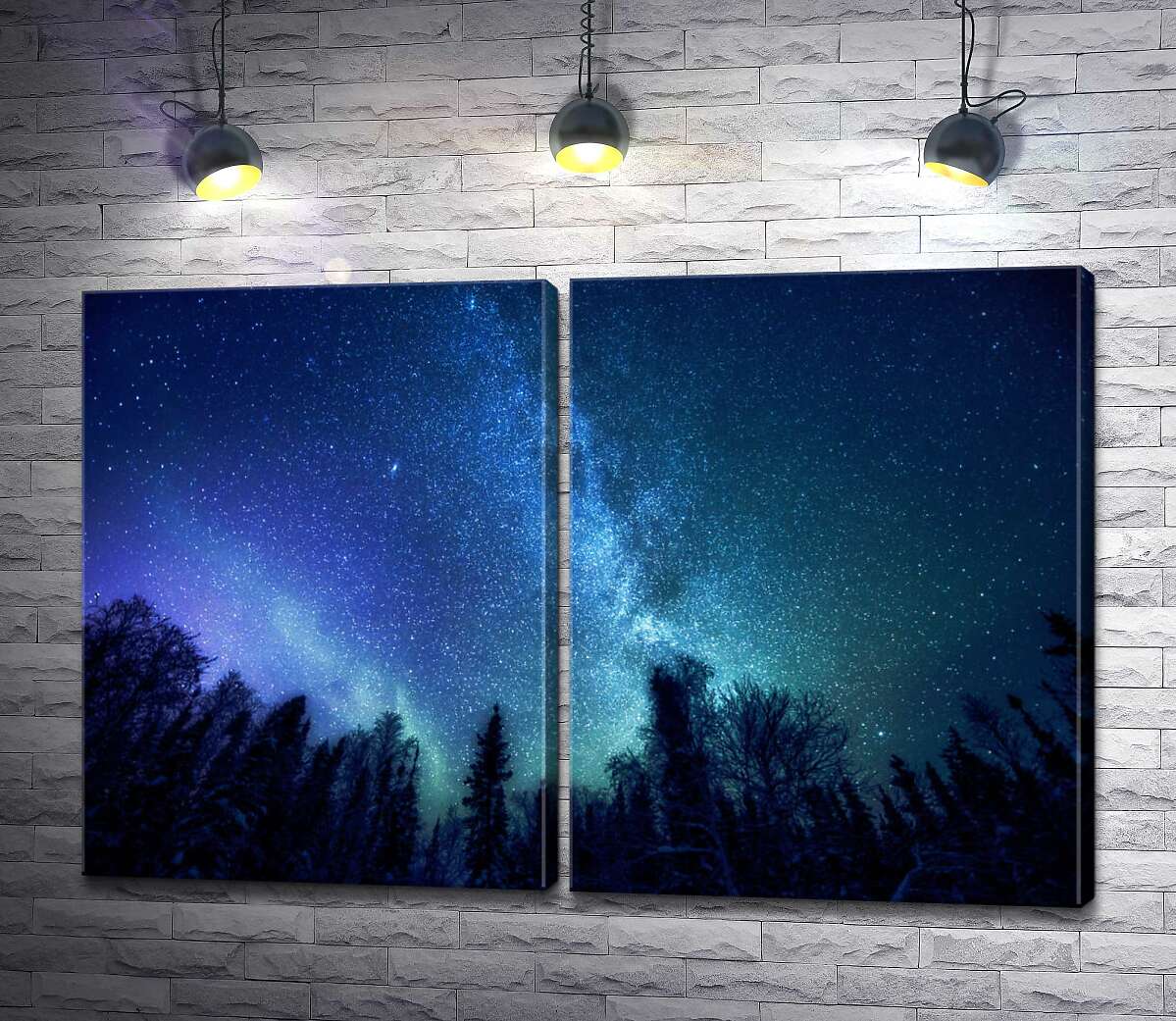модульна картина Зіркове скупчення Чумацького шляху на нічному небі над лісовою галявиною