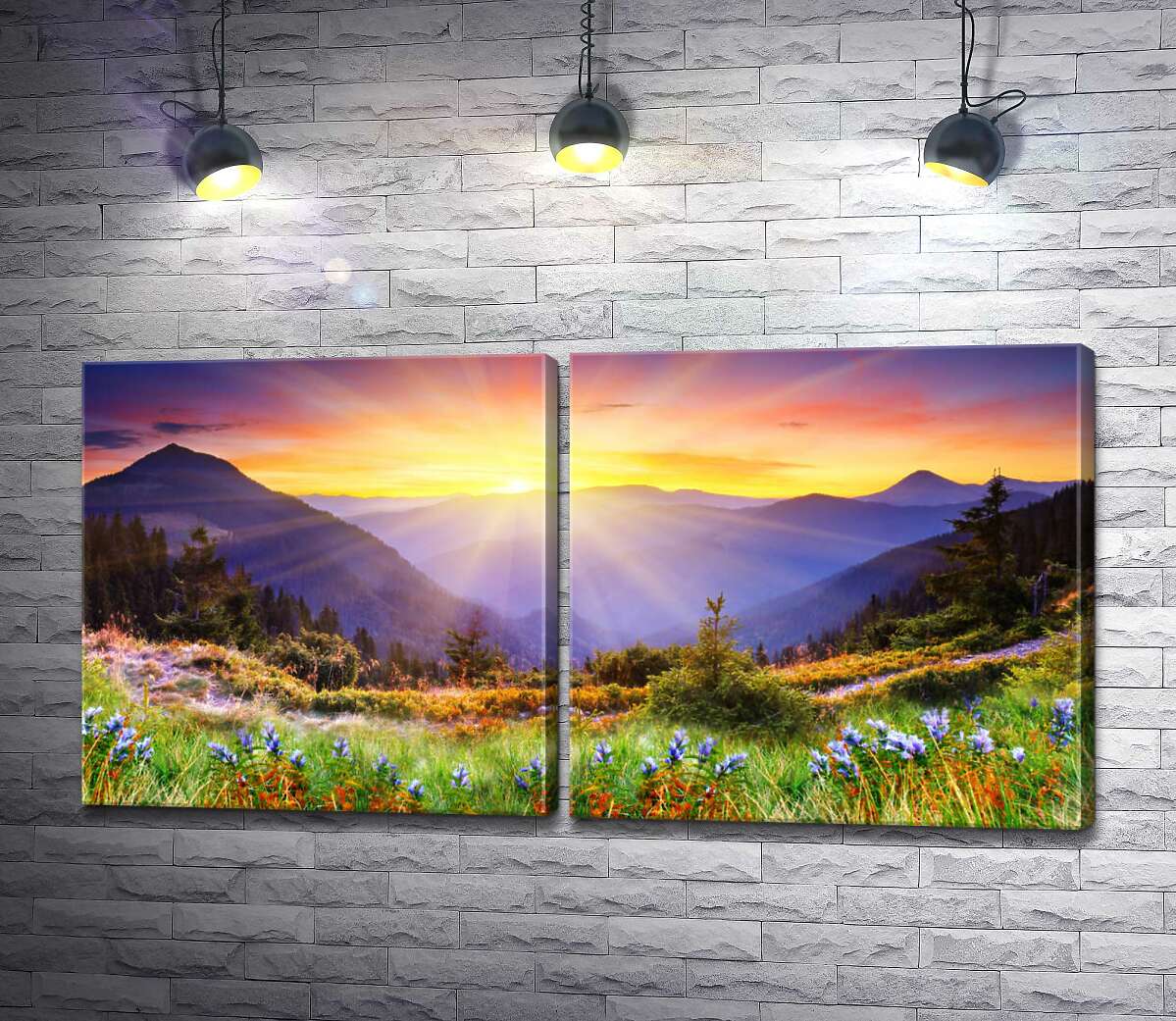 модульная картина Утреннее солнце согревает лучами цветущие склоны гор