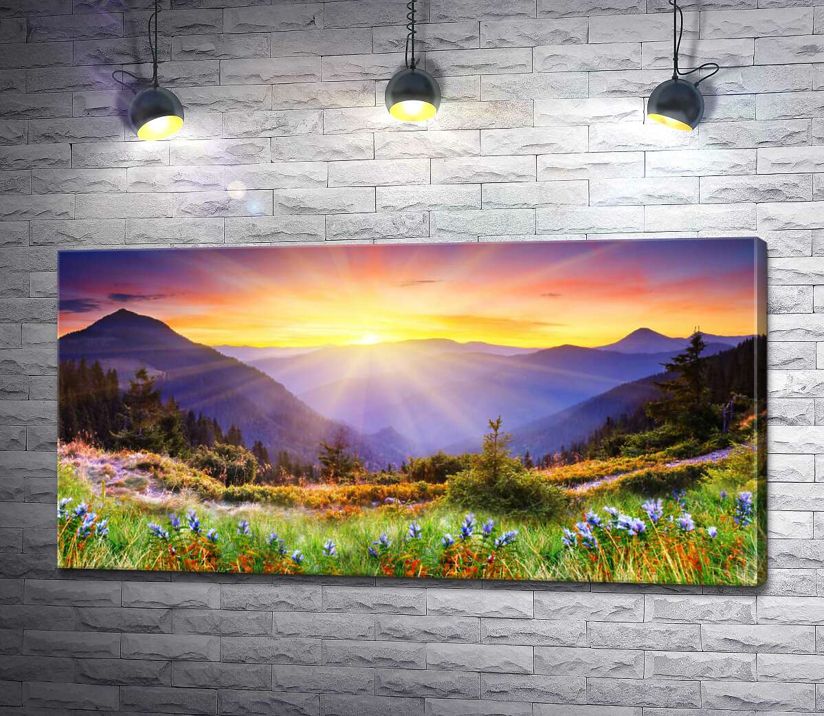 картина Утреннее солнце согревает лучами цветущие склоны гор