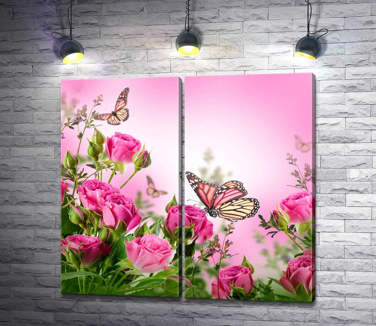 модульная картина Бабочки летают среди пышных кустов роз