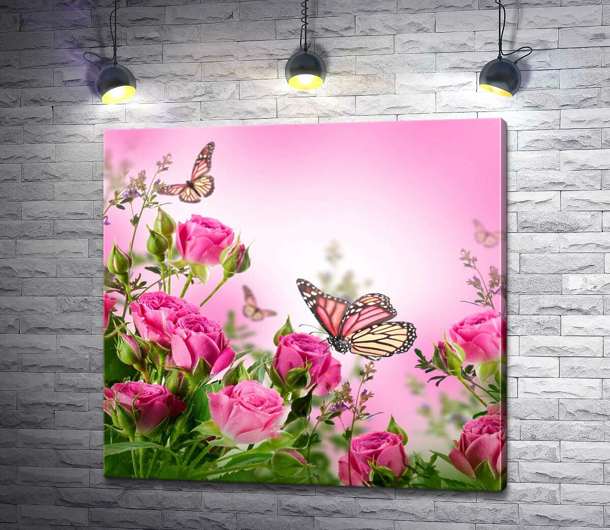 картина Бабочки летают среди пышных кустов роз