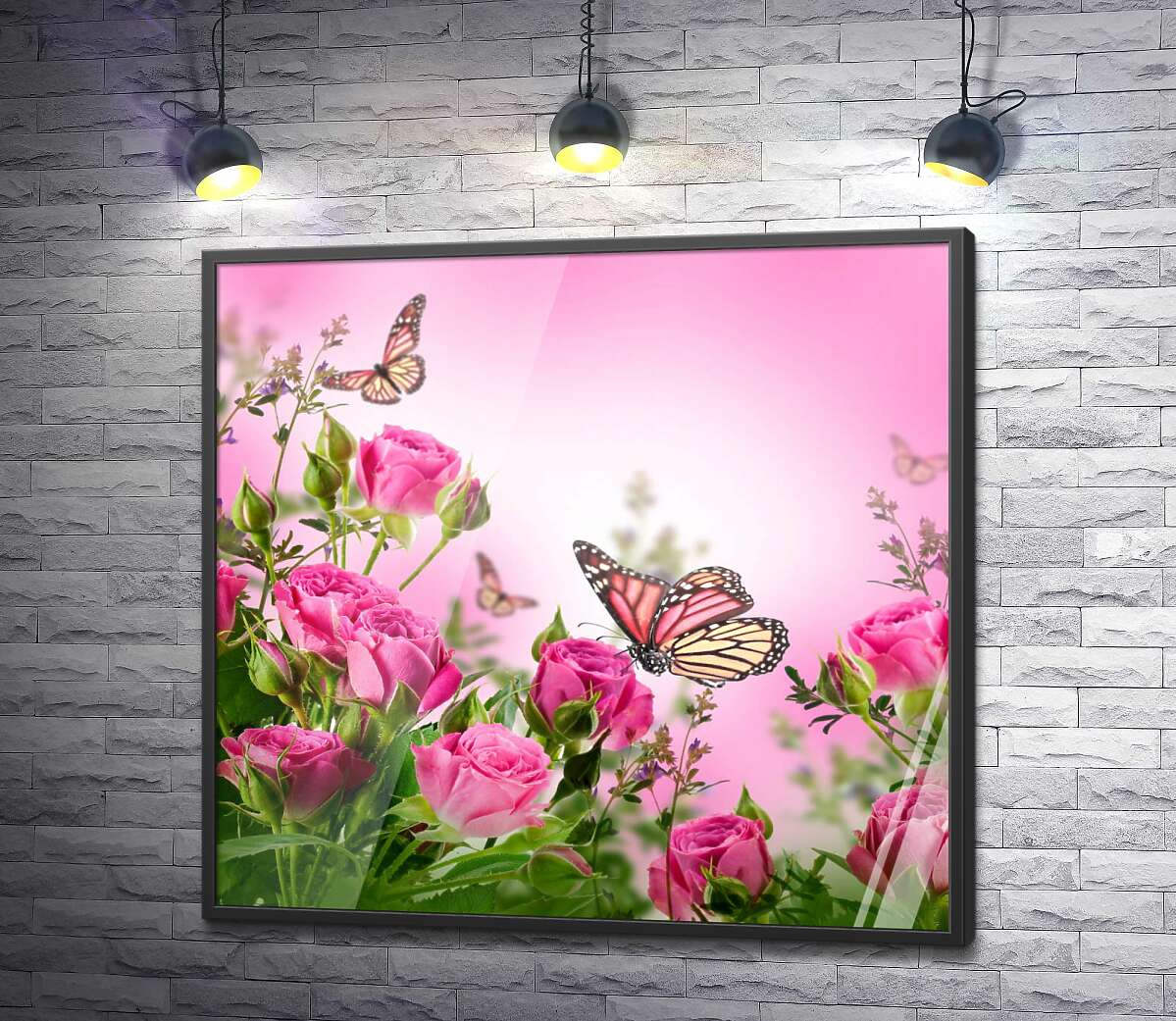 постер Бабочки летают среди пышных кустов роз