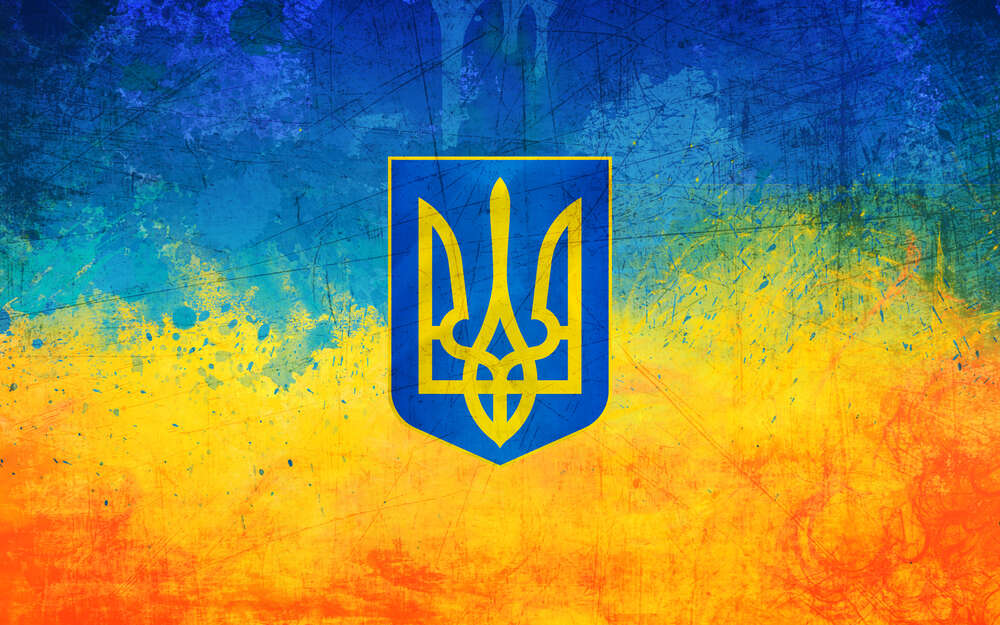 картина-постер Государственный герб Украины на желто-голубом фоне