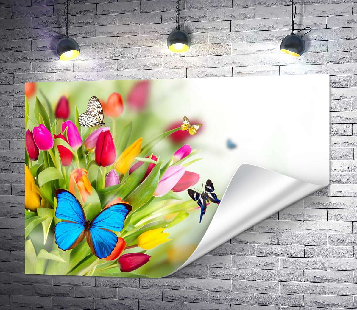 друк Кольорові метелики літають навколо букету тюльпанів