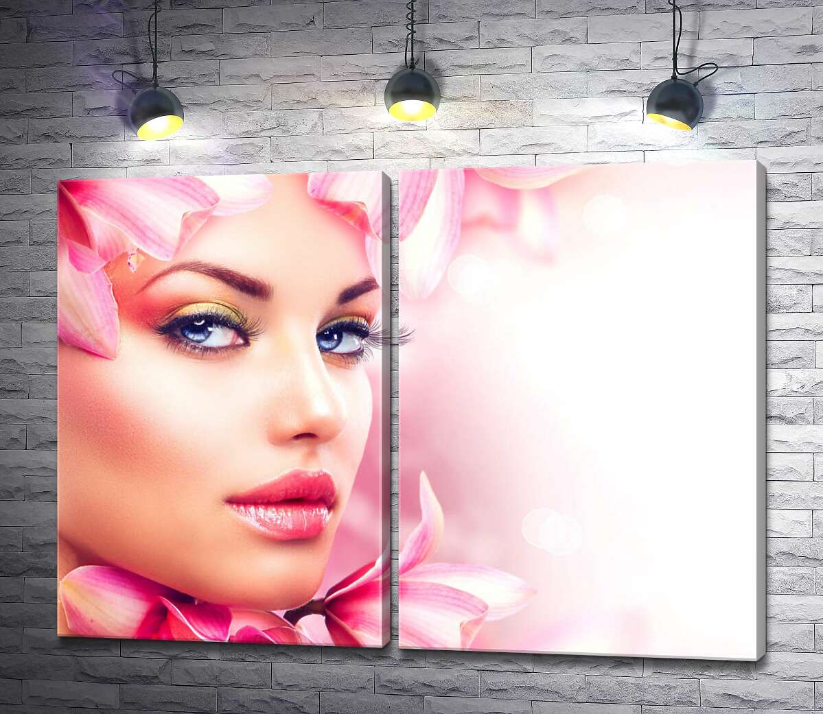 модульная картина Лицо девушки украшено розовыми цветами магнолии