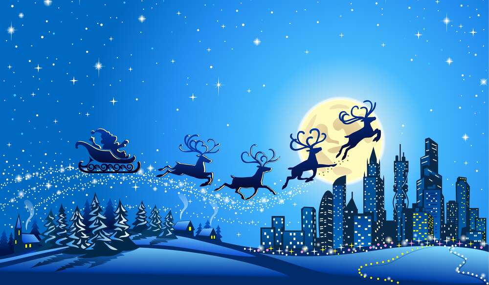 картина-постер Чарівні олені несуть сані Санта-Клауса до сонного міста