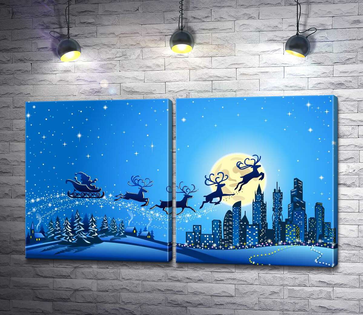 модульна картина Чарівні олені несуть сані Санта-Клауса до сонного міста
