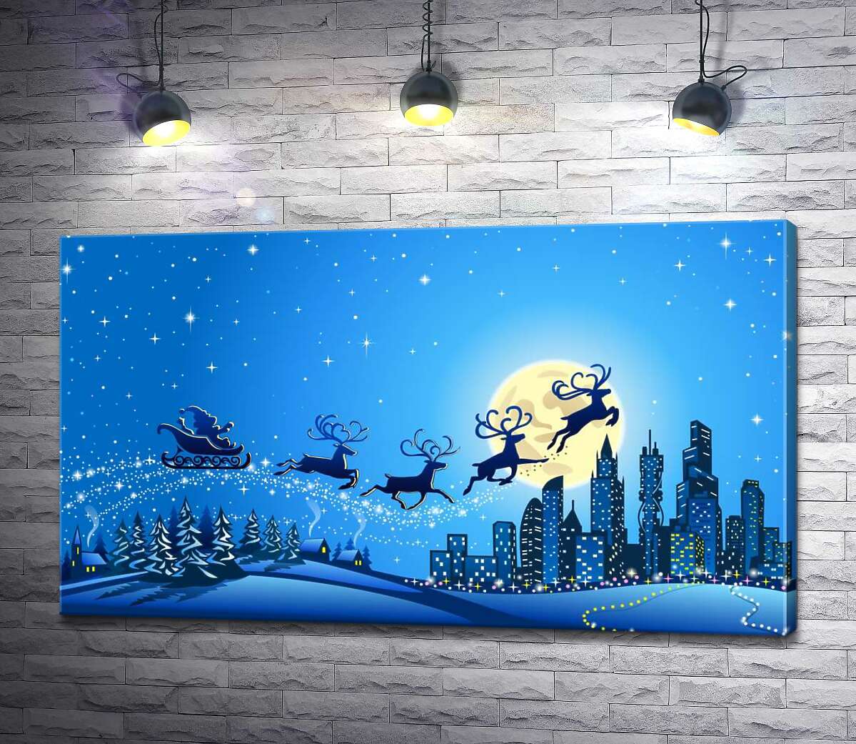 картина Очаровательные олени несут сани Санта-Клауса в сонный город