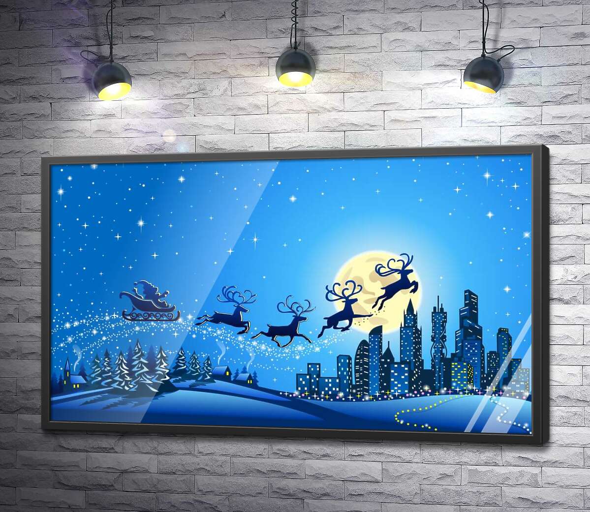 постер Очаровательные олени несут сани Санта-Клауса в сонный город