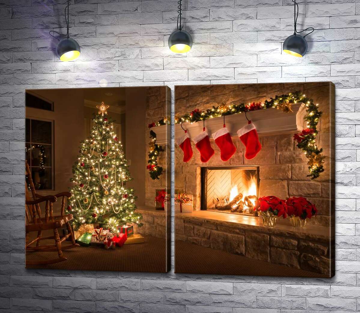 модульная картина Праздничная елка с подарками стоит у теплого камина, украшенного носками