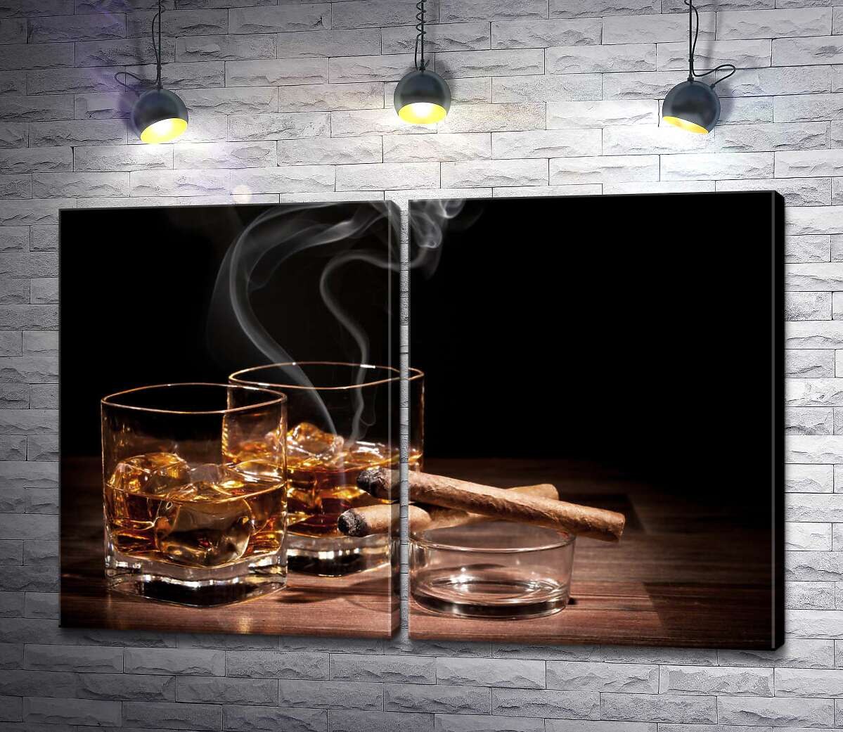модульная картина Две сигары дымятся возле стаканов с холодным виски