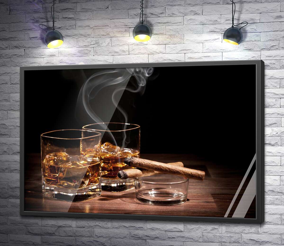 постер Две сигары дымятся возле стаканов с холодным виски