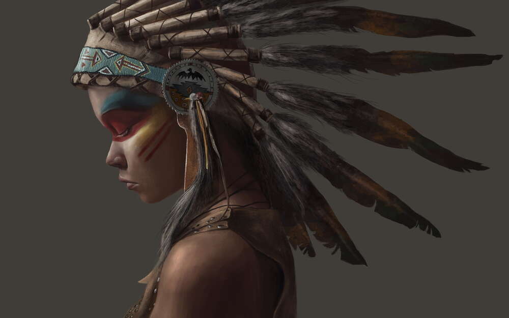 картина-постер Профиль индейского мальчика с венком из перьев