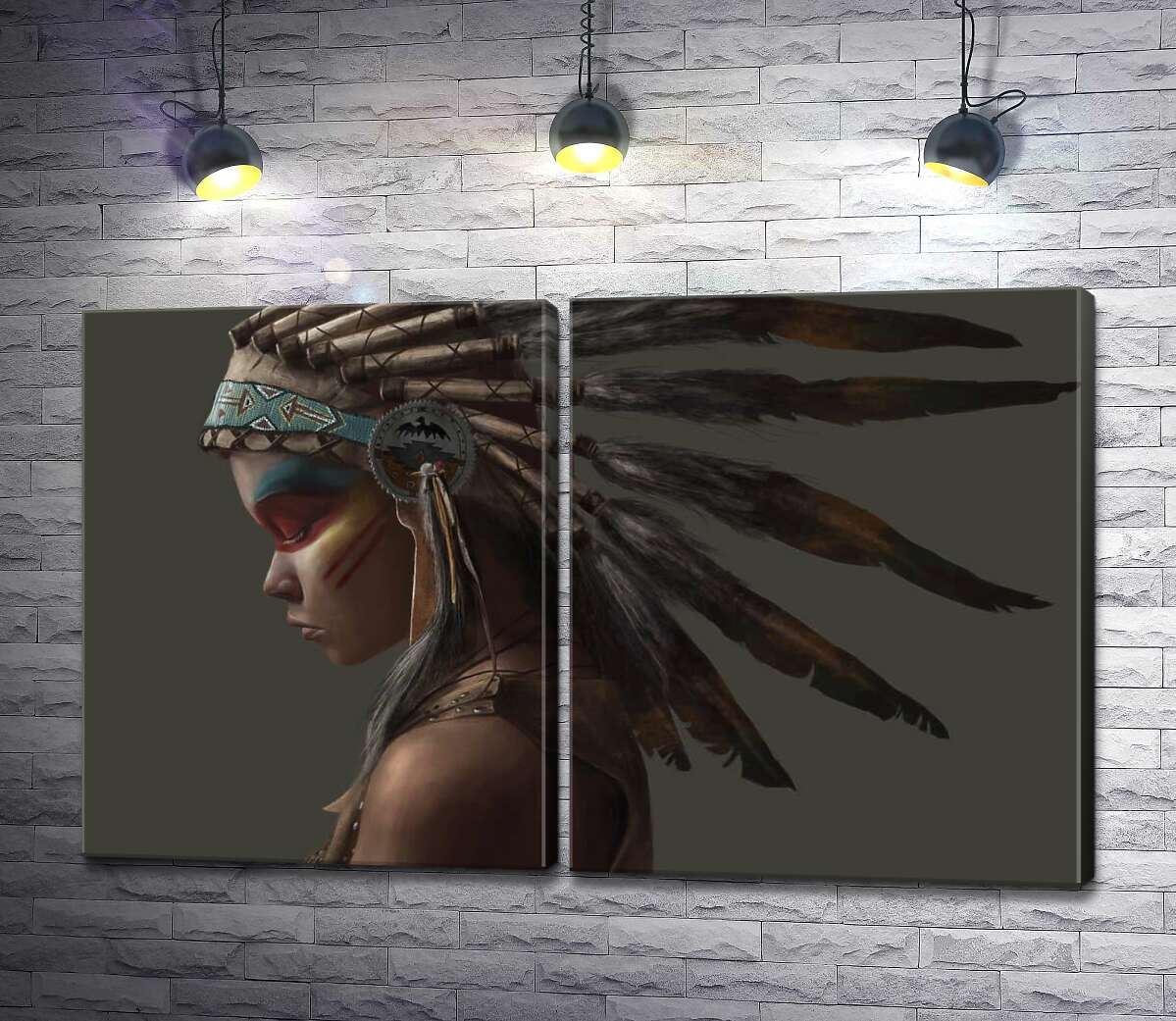 модульная картина Профиль индейского мальчика с венком из перьев