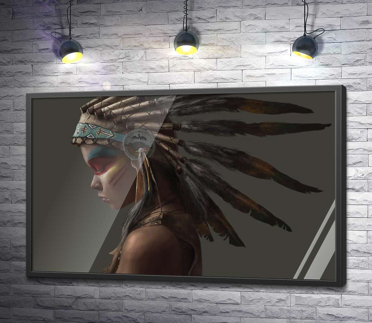 постер Профиль индейского мальчика с венком из перьев