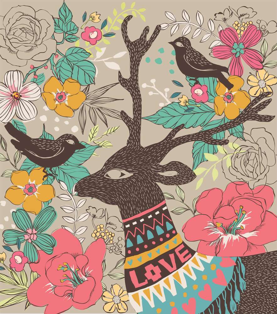 картина-постер Олень у в'язаному шарфі серед пишного квіткового візерунку
