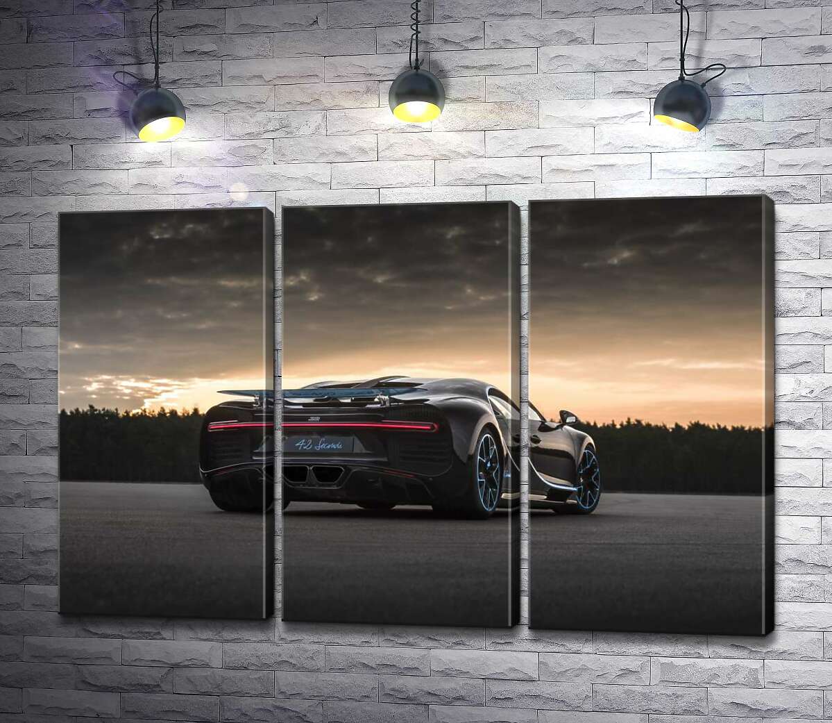 модульная картина Темный силуэт черного спортивного автомобиля Bugatti Chiron (Модуль №2)