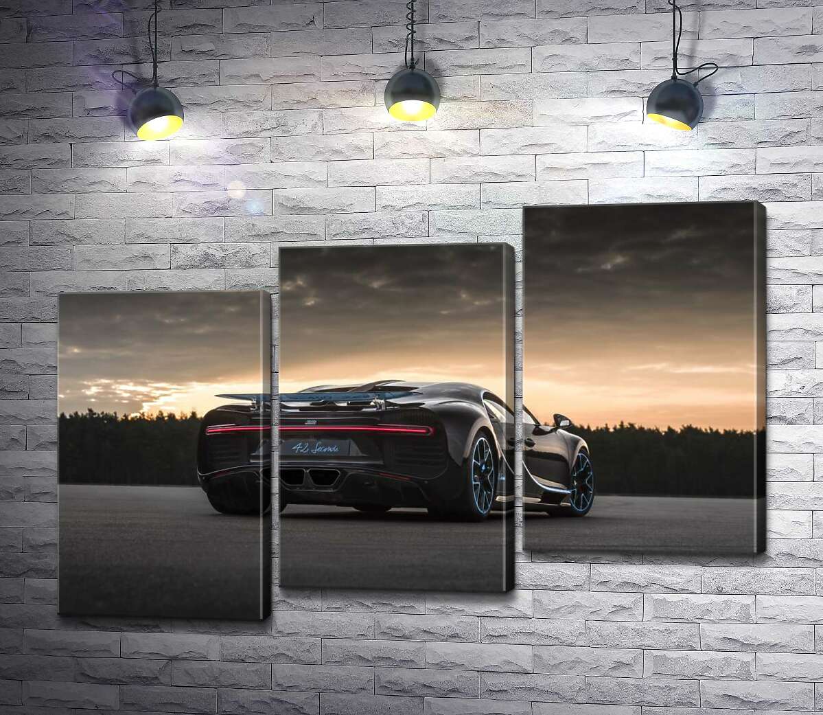 модульная картина Темный силуэт черного спортивного автомобиля Bugatti Chiron (Модуль №14)