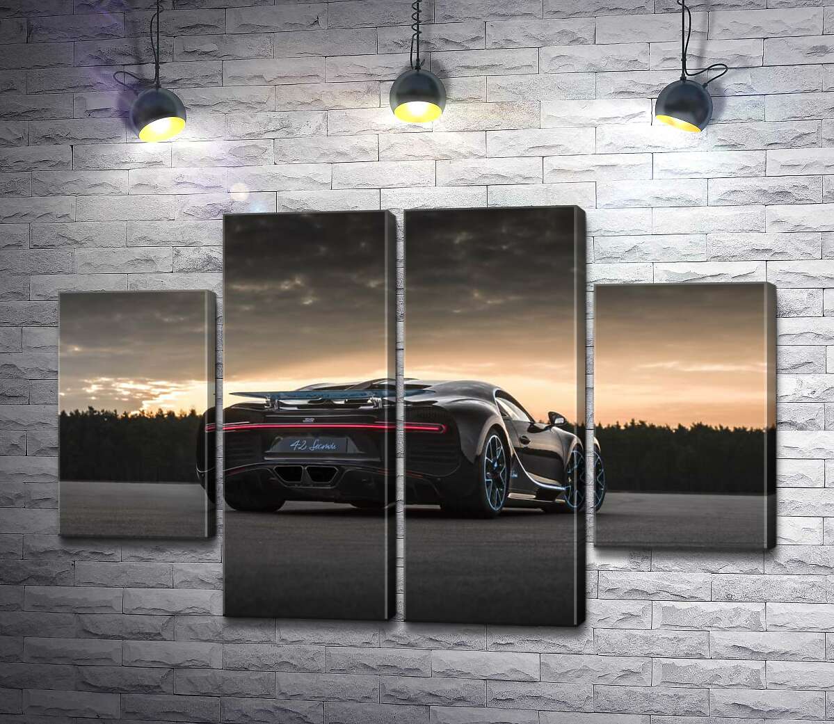 модульна картина Темний силует чорного спортивного автомобіля Bugatti Chiron (Модуль №20)