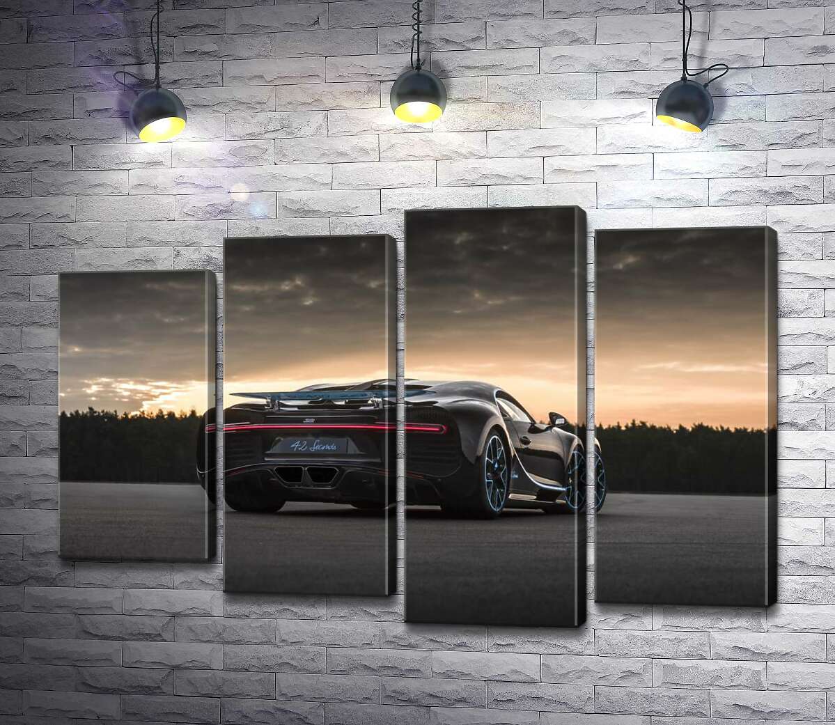 модульная картина Темный силуэт черного спортивного автомобиля Bugatti Chiron (Модуль №3)