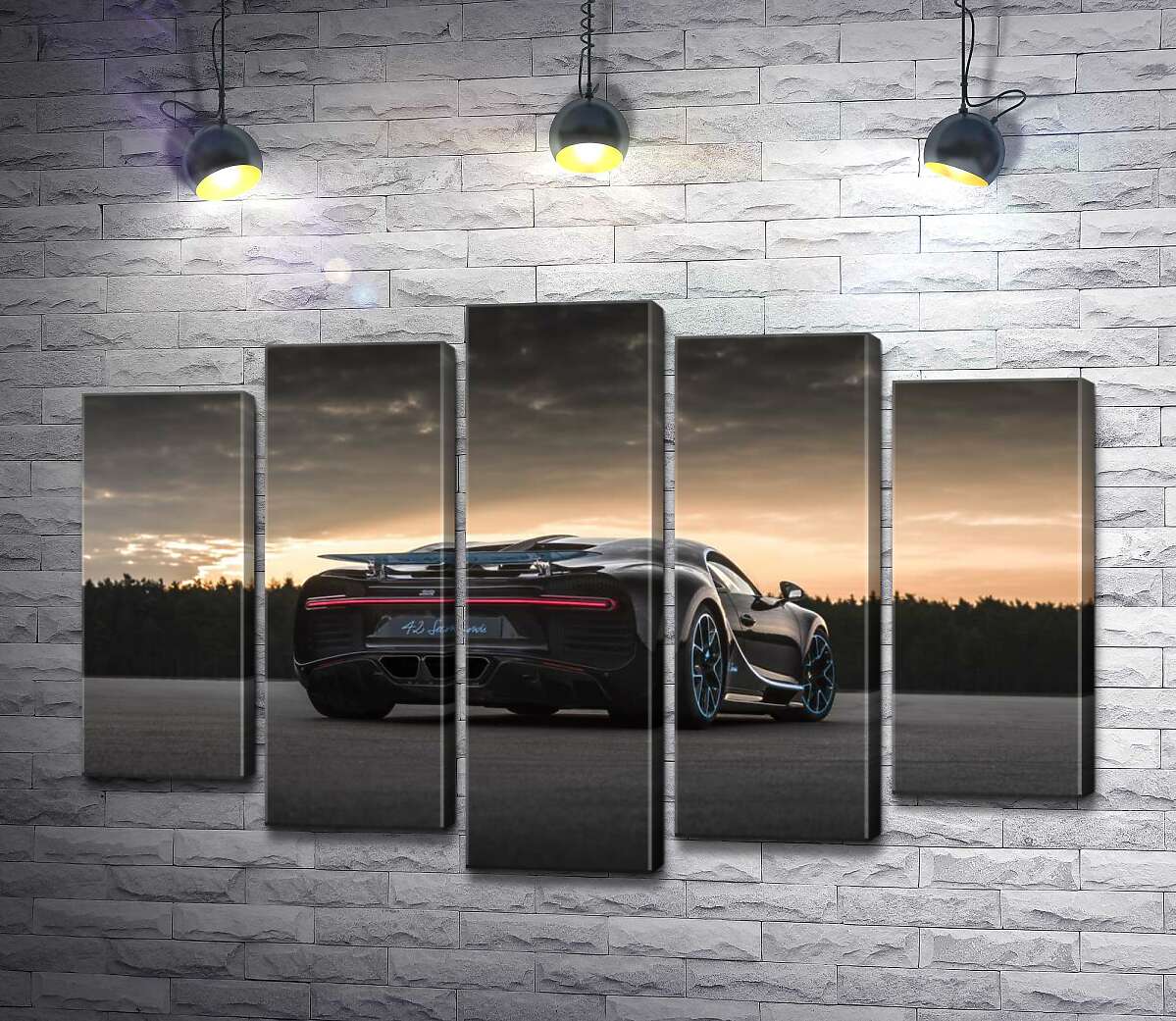 модульная картина Темный силуэт черного спортивного автомобиля Bugatti Chiron (Модуль №4)