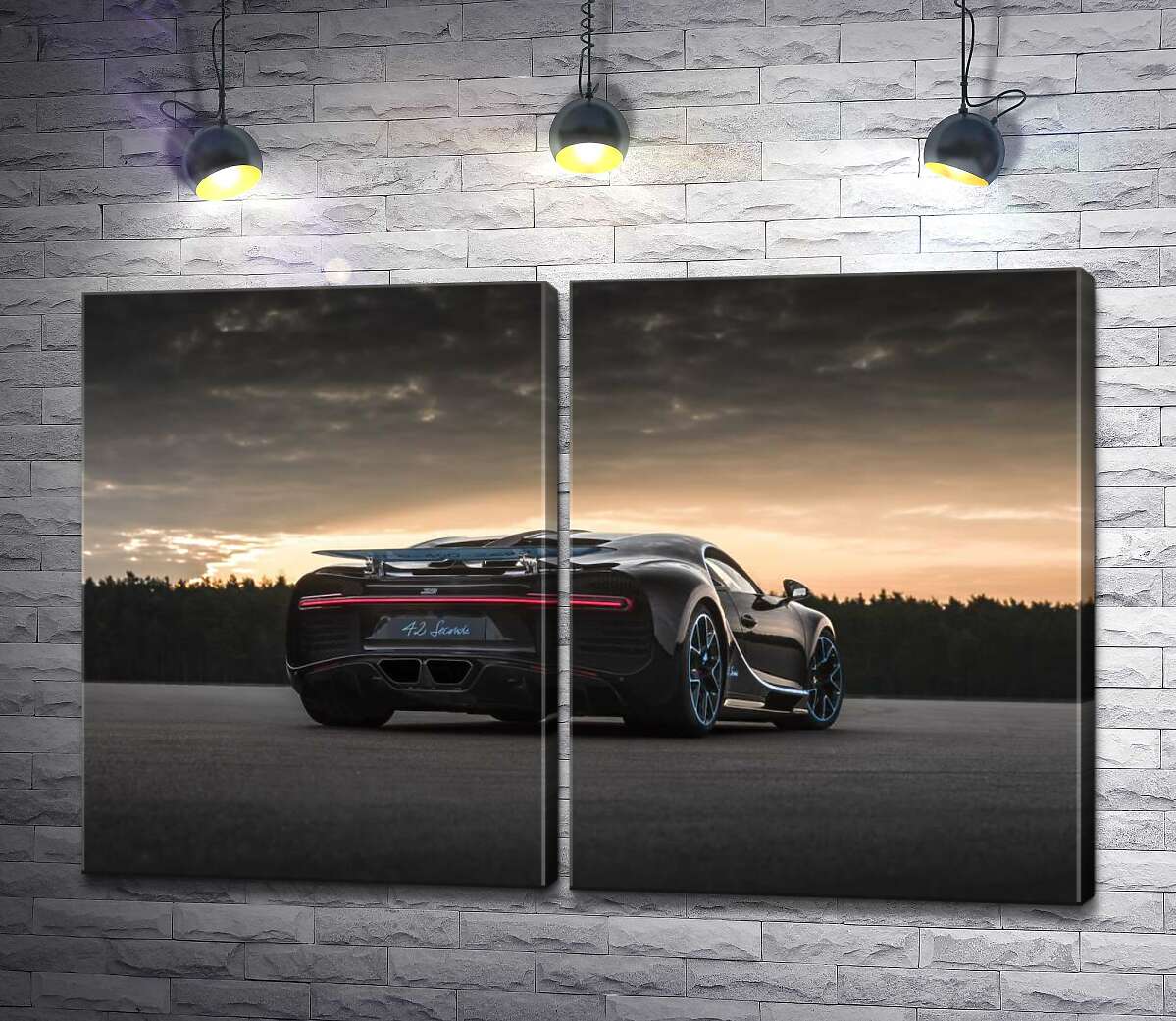 модульная картина Темный силуэт черного спортивного автомобиля Bugatti Chiron