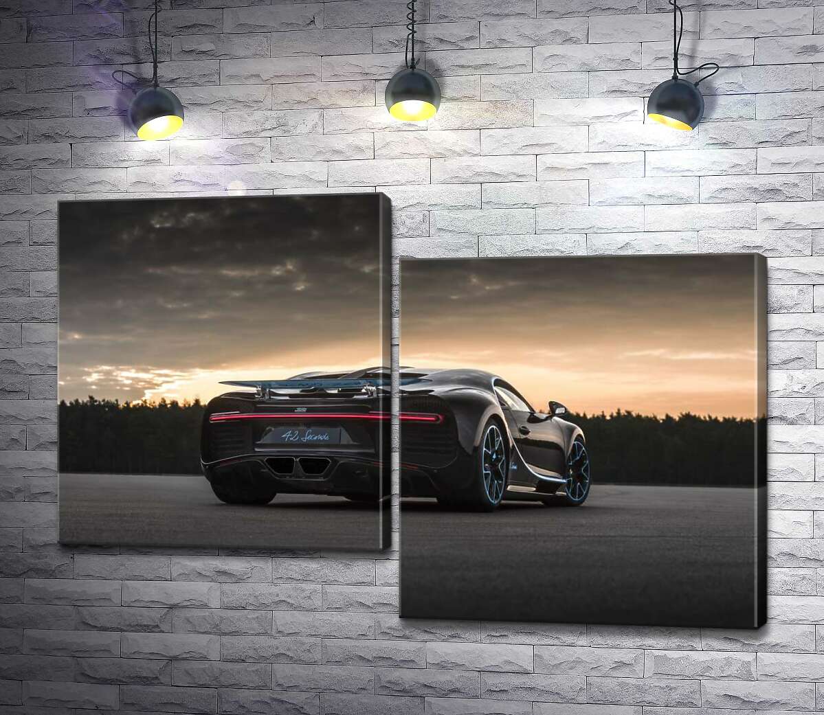 модульна картина Темний силует чорного спортивного автомобіля Bugatti Chiron (Модуль №9)