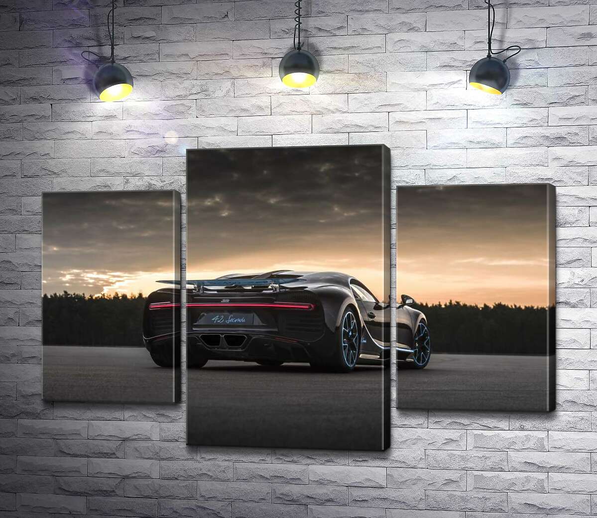 модульная картина Темный силуэт черного спортивного автомобиля Bugatti Chiron (Модуль №10)