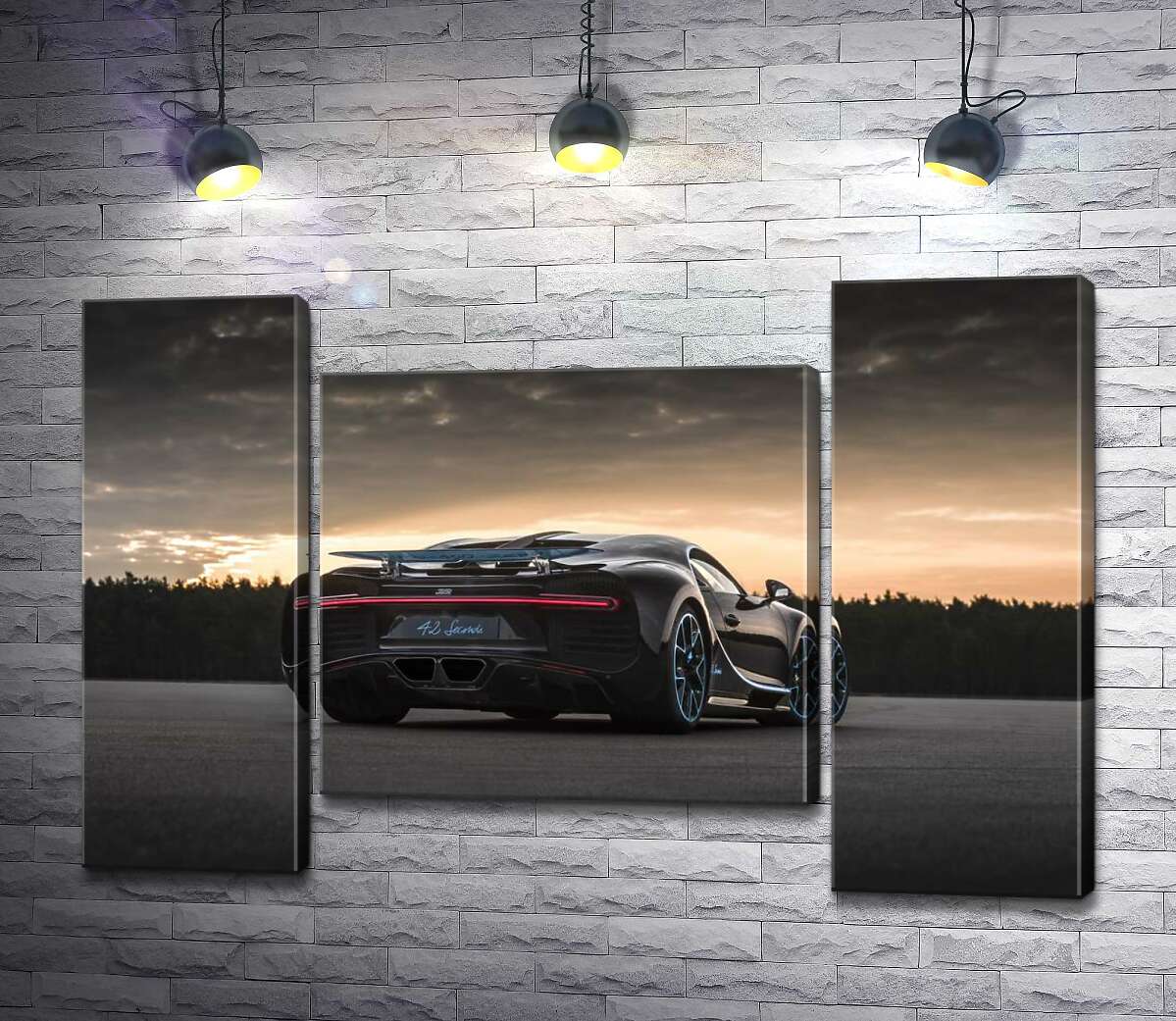 модульная картина Темный силуэт черного спортивного автомобиля Bugatti Chiron (Модуль №11)