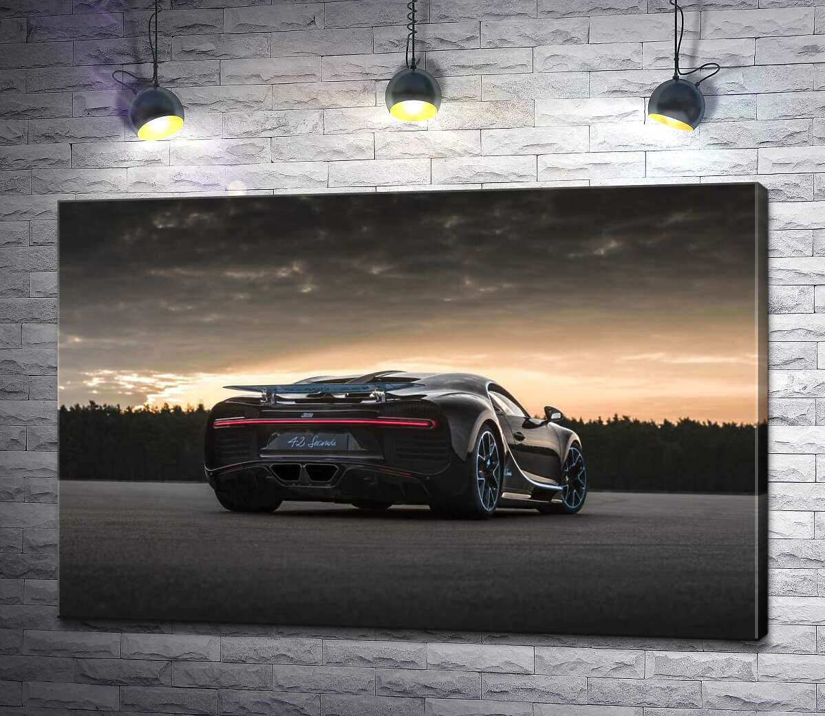 картина Темний силует чорного спортивного автомобіля Bugatti Chiron