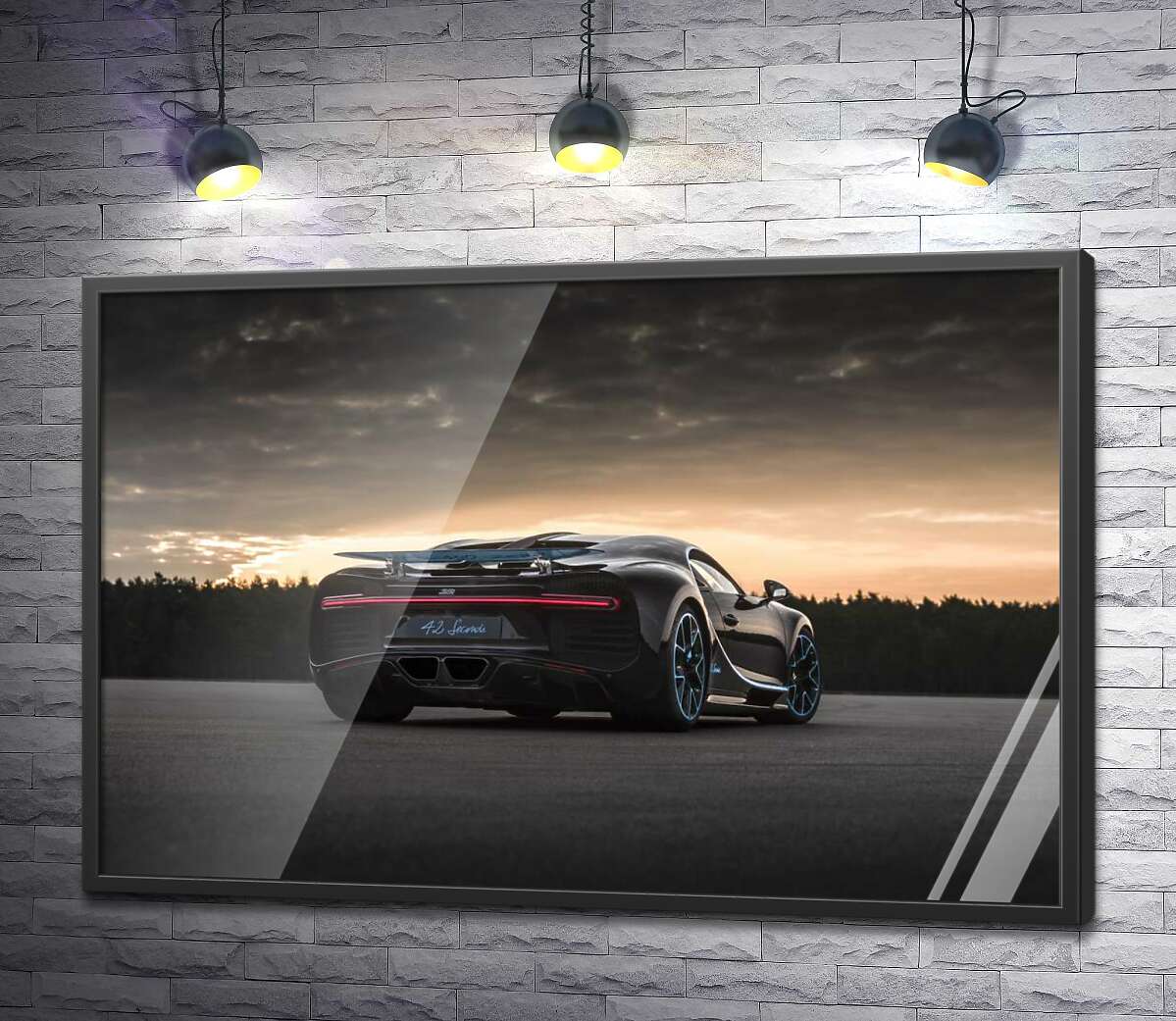 постер Темний силует чорного спортивного автомобіля Bugatti Chiron