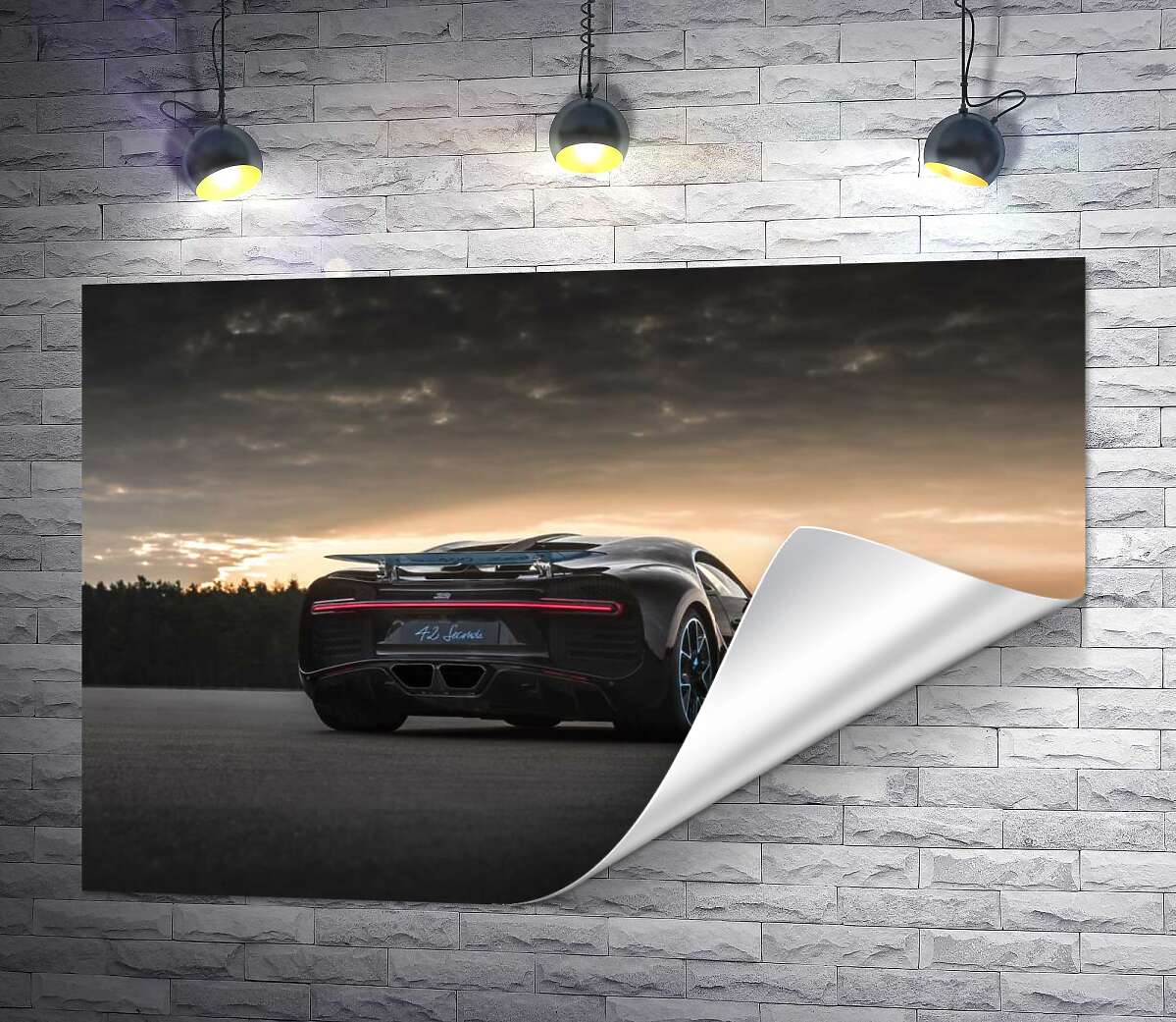 печать Темный силуэт черного спортивного автомобиля Bugatti Chiron