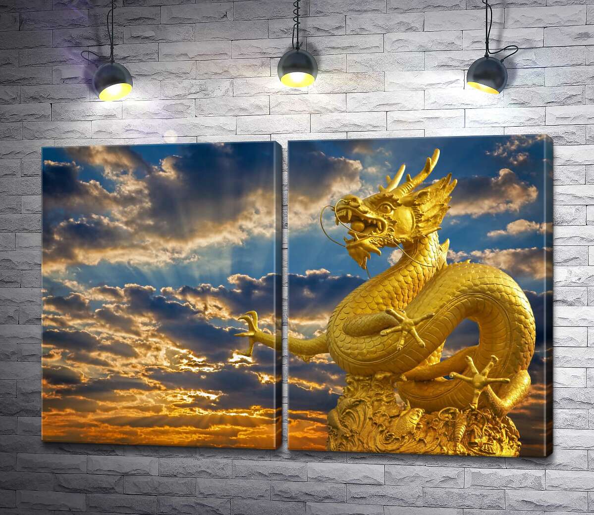 модульна картина Золота статуя китайського дракона у променях сонця