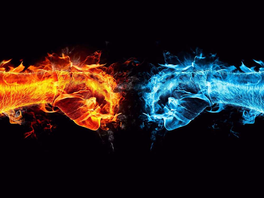 картина-постер Два кулака в битве стихий воды и огня