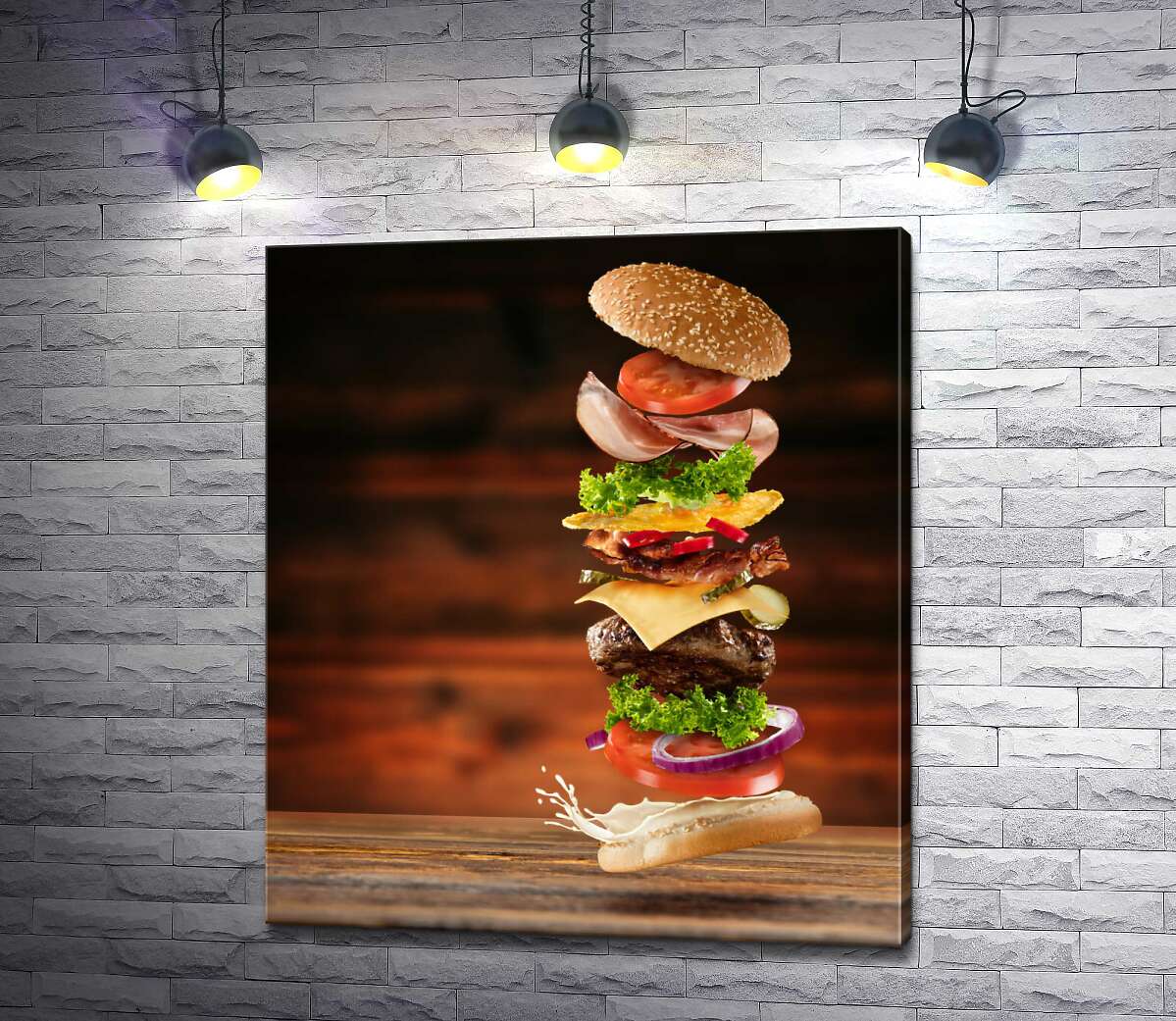 картина Смачні інгредієнти гамбургера в польоті