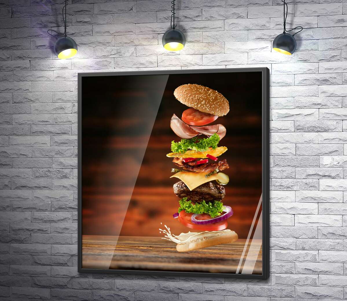 постер Вкусные ингредиенты гамбургера в полете
